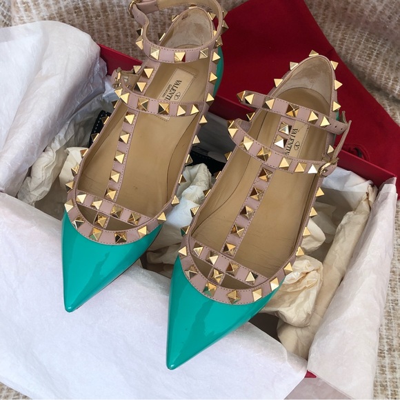 Valentino Garavani Rockstud Turquoise Cage Ballet Flat Studded Shoes Size 36 - Picture 4 of 16